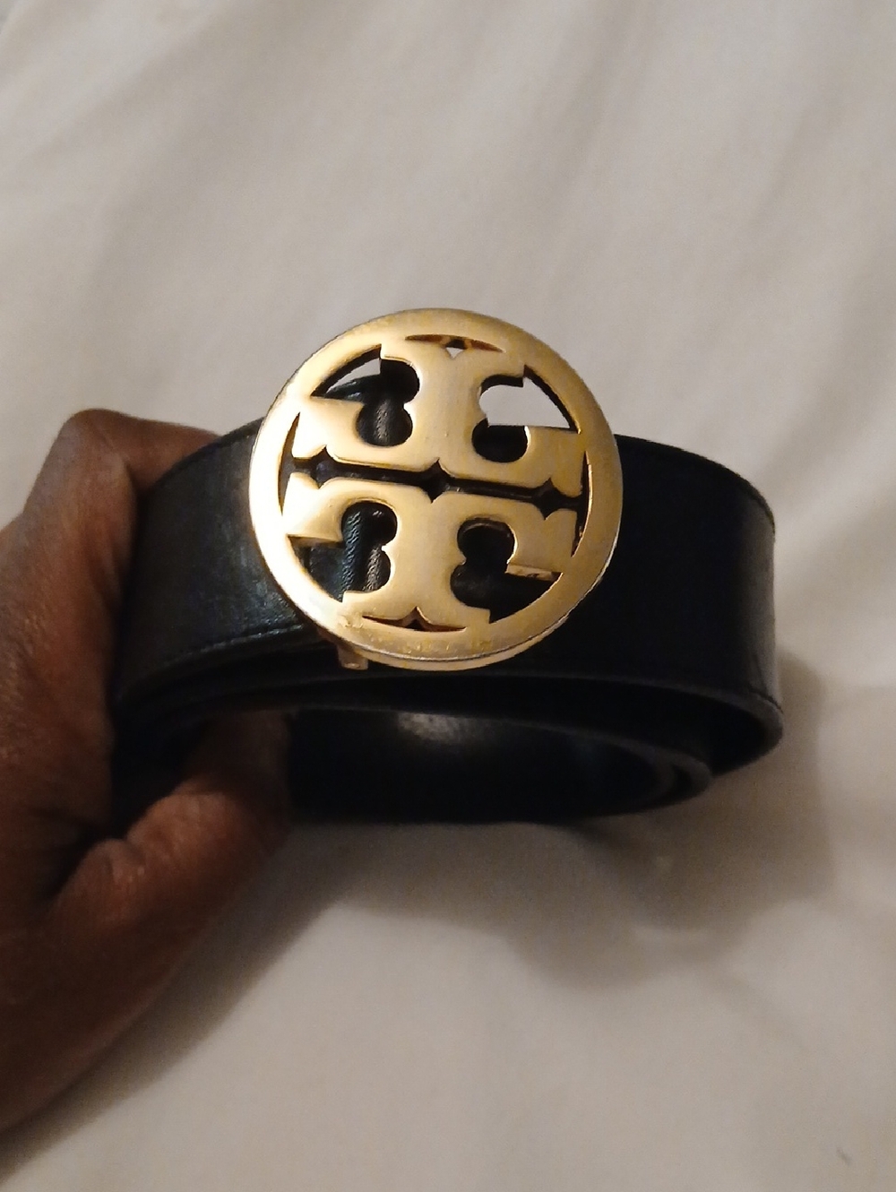 Tory Burch Black Leather Belt with Gold Logo Buckle